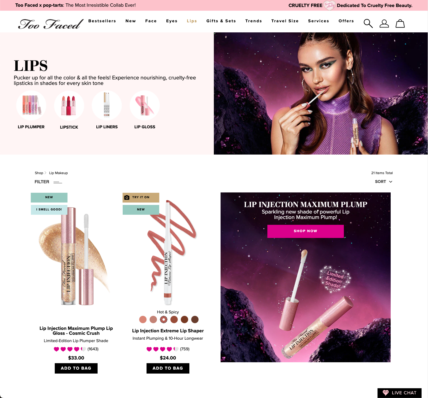 A screenshot of TooFaced.com on the Lips product page, with two lipstick products listed.
