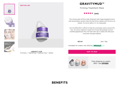 A screenshot of glamglow.com showing a product page for GravityMud. It has a number of pictures of the product, a description, and a button to add to cart.