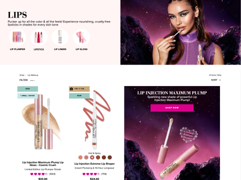 A screenshot of TooFaced.com on the Lips product page, with two lipstick products listed.
